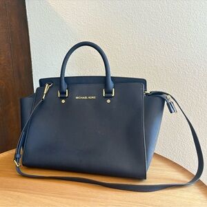 Michael Kors Selma Blue Satchel with Gold Accents